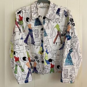 New Direction Jacket Womens Medium Multicolor Art Print Retro Button Front